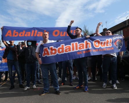 Protests against Oldham’s former owner Abdallah Lemsagam during the League 2 match between Oldham and Hartlepool