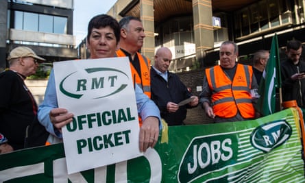 Mick Lynch, centre back, visiting the picket line at Euston, London, on 20 August.