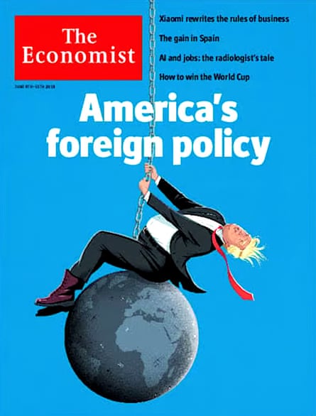 An illustration of Trump riding a wrecking ball.