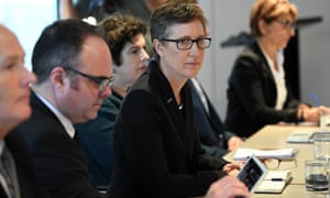 ACTU secretary Sally McManus listens as industrial relations minister Christian Porter speaks during the coronavirus roundtable