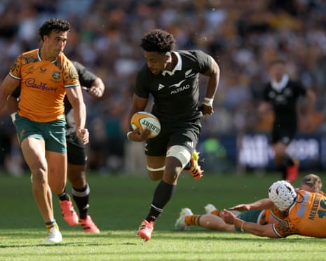 Peter Lakai runs the ball as New ZealandâÂÂs All Blacks outclassed AustraliaâÂÂs Wallabies in the second Bledisloe Cup rugby Test at Accor Stadium in Sydney