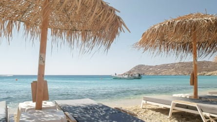 Beach chairs at Elia beach, Mykonos, Greece