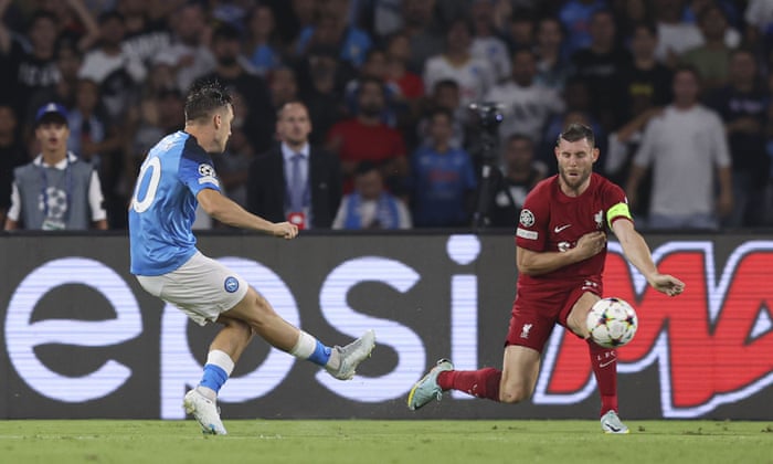 A shot from Piotr Zielinski of Napoli hits the the arm of James Milner of Liverpool and the ref points to the spot. Penalty to Napoli.