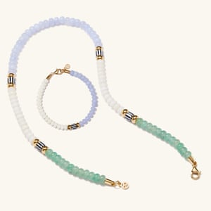 Precious momentsMejuri’s Coastal Collection is made from tagua, which is a plant-based material. They also use beaded agate gemstones and enamel coating. This 13-piece collection includes bolder more colourful styles perfect for summer. Tagua Blue Agate bracelet, £88 and necklace, £178, mejuri.com