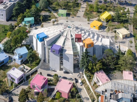 an aerial view of the new-look pyramid of tirana