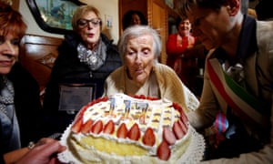 Emma Morano on her 117th birthday. Morano attributed her longevity to genetics and raw eggs but had no comment on bacon.