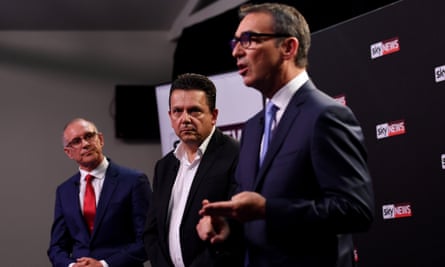 South Australian Liberal leader Steven Marshall (right), SA Best leader Nick Xenophon and premier Jay Weatherill at the debate in Adelaide.