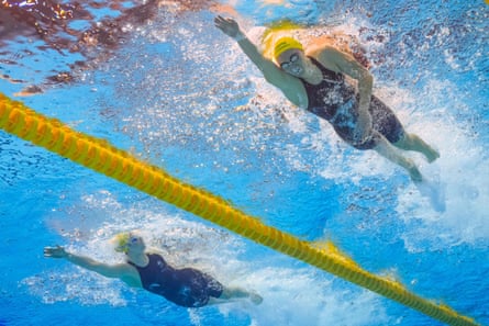 Mollie O'Callaghan and Ariarne Titmus in the final of the women's 200m freestyle at last year’s world championships.