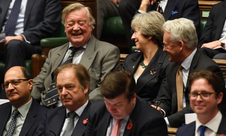 Ken Clarke, who is standing down as an MP after 49 years, sitting alongside Theresa May on the Tory backbenches during prime minister’s questions on Wednesday