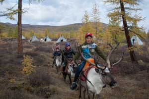 Three young boys ride on the back of reindeers