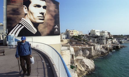 A giant poster of French soccer player Zinedine Zidane on the seafront in Marseille.