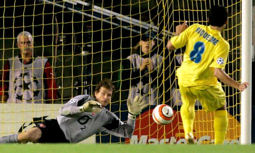 Villarreal’s Juan Román Riquelme has his penalty saved by Jens Lehmann in their 2006 Champions League semi-final.
