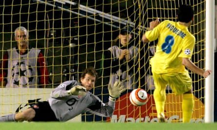 Villarreal’s Juan Román Riquelme has his penalty saved by Jens Lehmann in their 2006 Champions League semi-final.