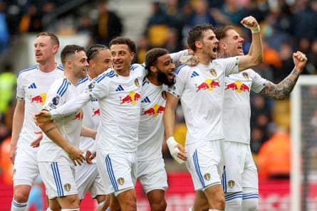 Anton Stach and his teammates show their delight after he scored Leeds’s second goal