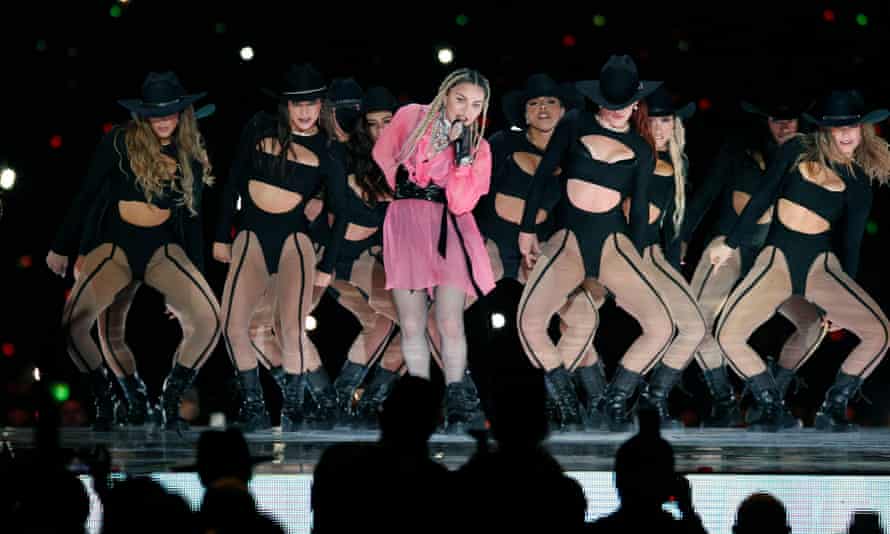 Madonna on stage in Colombia.