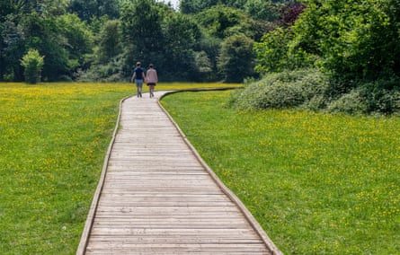 Two people stroll on a timber walkway through a grassy field toward woods