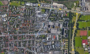 Satellite view of the Olympia einkaufszentrum (shopping centre) and nearby U-Bahn station.