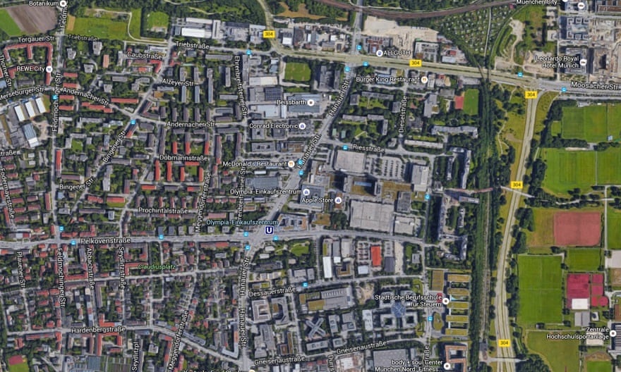 A satellite view of the Olympia shopping centre and nearby U-bahn station.