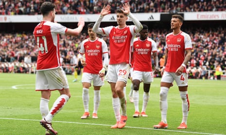 Declan Rice celebrates his goal with Arsenal teammate Kai Havertz.