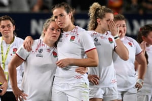 England players console each other after their loss to New Zealand in the final of the 2021 women’s rugby World Cup.