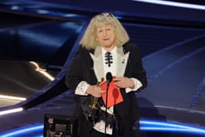 Jenny Beavan accepts the Costume Design award for Cruella