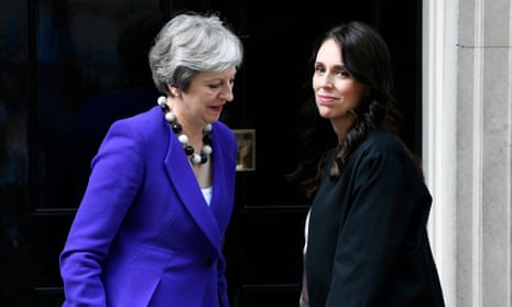 Theresa May (left) welcoming New Zealand’s prime minister Jacinda Ardern in Downing Street today.
