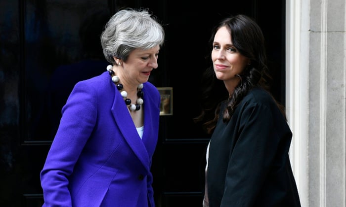 Theresa May (left) welcoming New Zealand’s prime minister Jacinda Ardern in Downing Street today.