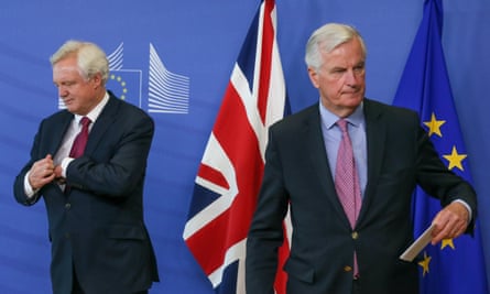 David Davis and Michel Barnier facing in opposite directions