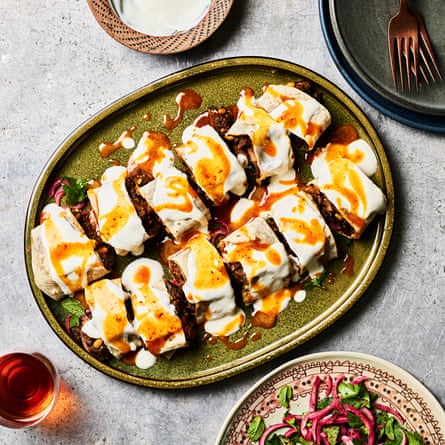 Lamb and aubergine tantuni with garlic yoghurt and burnt butter