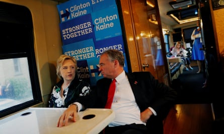 Hillary Clinton and Tim Kaine on board the campaign bus.
