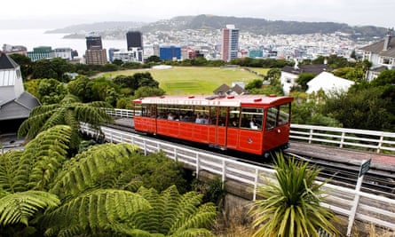 A cable car and the Wellington skyline from Kelburn lookout