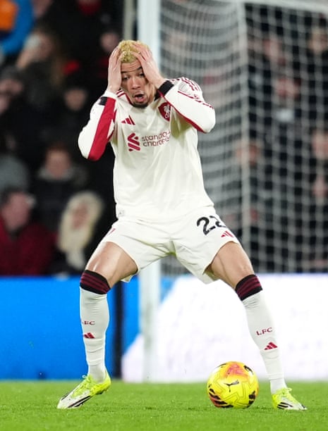 Liverpool's Hugo Ekitike reacts after a call goes against him.