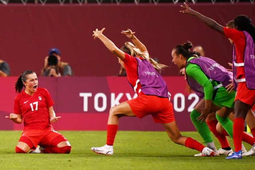 Jessie Fleming enjoys her decisive penalty that defeated the USA and put Canada into the Olympic final.