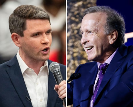 a composite images shows two men speaking