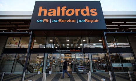 A view of the Halfords store front in Rugby, Britain, in 2020