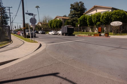 The difference in color between cool asphalt and typical asphalt is seen in Pacoima, California.