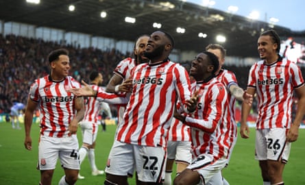 Junior Tchamadeu celebrates scoring Stoke’s fourth against Bristol City.