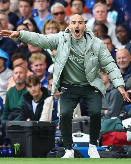 Enzo Maresca shouts at his players during the Premier League match between Chelsea and Brighton