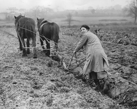 Miss Hastings ploughing a field with horses, Castleton, near Cardiff, 1937.