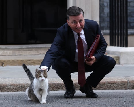 Scotland secretary Douglas Alexander pets Larry the cat as he leaves after a cabinet meeting at 10 Downing Street on Tuesday.