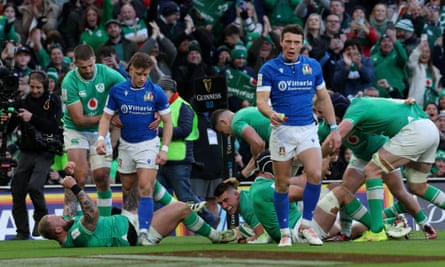 Dan Sheehan scores one of his tries against Italy