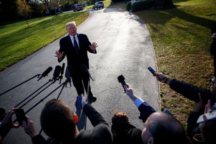 Donald Trump speaks to reporters after submitting written answers to Mueller’s investigation.