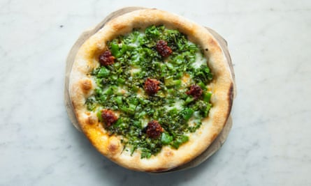 ‘Because we must all eat our greens’: pizzetta with purple sprouting broccoli and nduja.