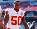 Kansas City Chiefs v Tennessee TitansNASHVILLE, TN - NOVEMBER 10: Darron Lee #50 of the Kansas City Chiefs walks off the field before a game against the Tennessee Titans at Nissan Stadium on November 10, 2019 in Nashville, Tennessee. The Titans defeated the Chiefs 35-32. (Photo by Wesley Hitt/Getty Images)