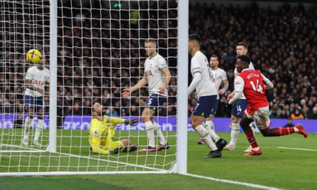 Tottenham goalkeeper Hugo Lloris looks back in anguish after deflecting a cross from Bukayo Saka into his own net.