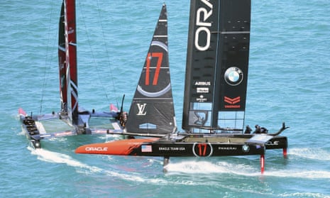 Emirates Team New Zealand, left, compete with Oracle Team USA during the America’s Cup in Bermuda