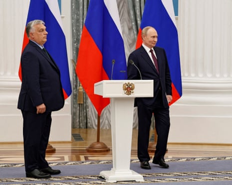 Hungary’s prime minister Viktor Orbán and Russia’s president Vladimir Putin attend a press conference following their meeting in Moscow, Russia.