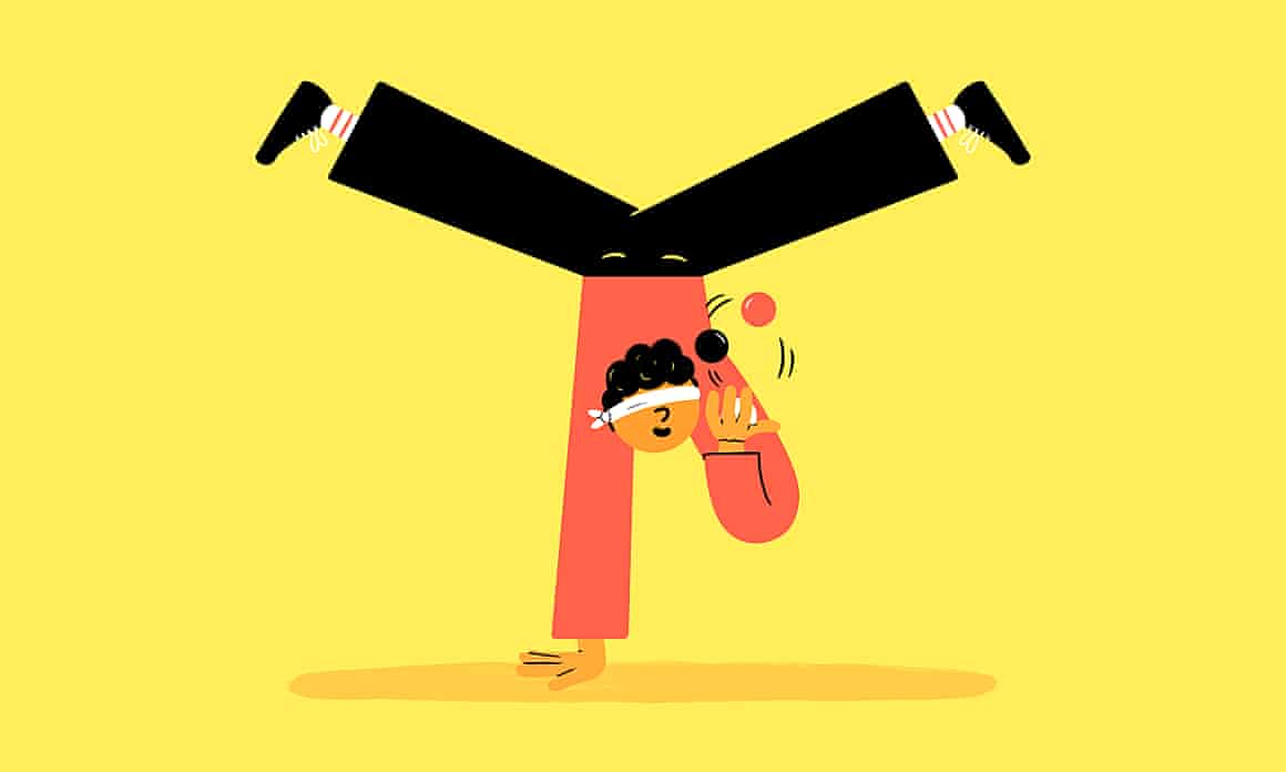 An illustration of a blindfolded person doing a one-handed handstand with their legs splayed while juggling rocks in the other hand.