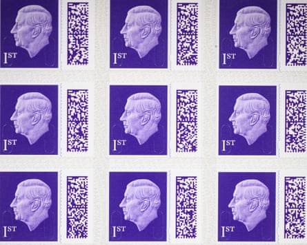 A sheet of the new first-class stamps featuring a likeness of King Charles III