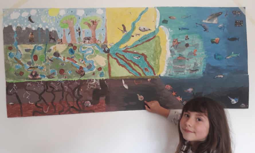 George Monbiot’s daughter with their ecology painting